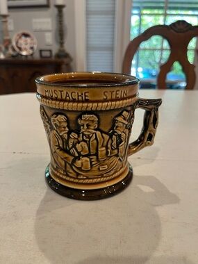 Vintage MCM mustard yellow raised mustache saver Ceramic beer Mug stein.